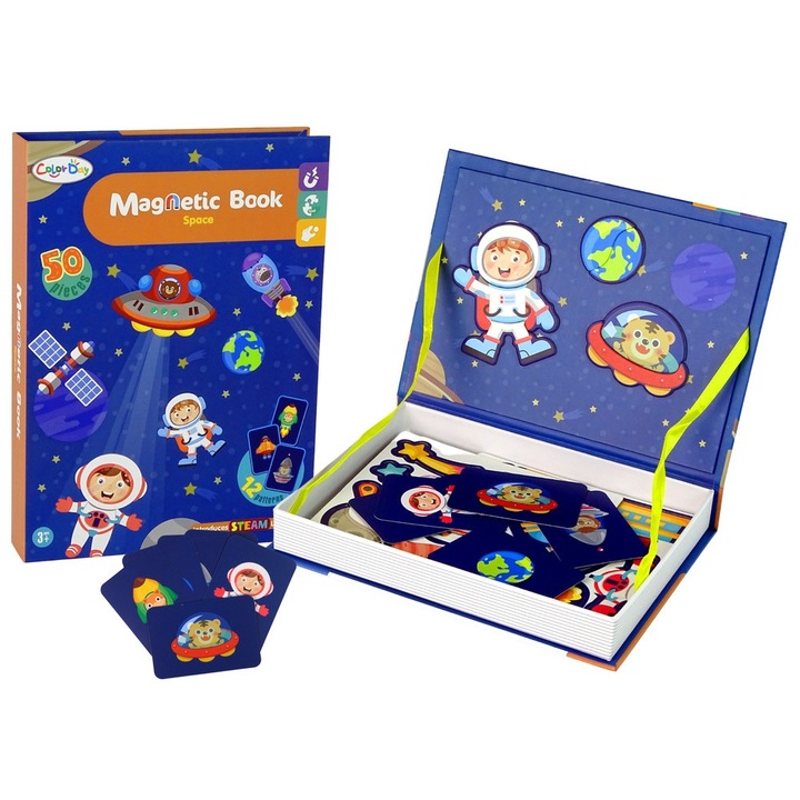 LEAN Toys oktató mágneses puzzle, 50 mágnesből és 6 kártyából álló készlet, 27x20x4cm, kozmosz