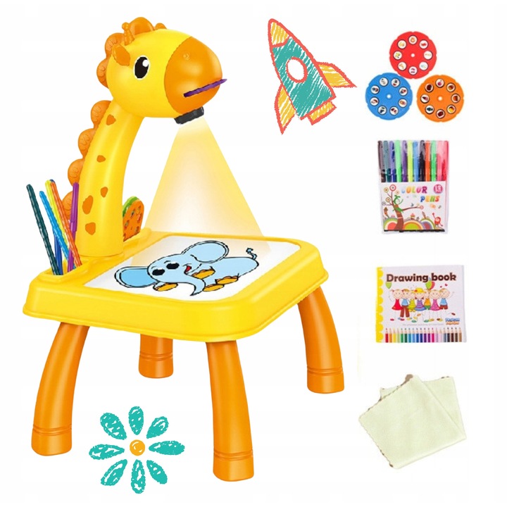 Masa interactiva cu proiector Dinozaur, LEAN Toys, set cu 12 markere colorate, dimensiuni 40x31x26cm, 29x24x9cm