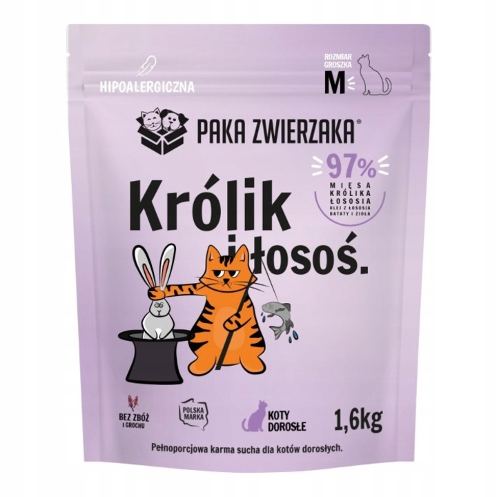 Суха храна за котки, Paka Zwierzaka, Заек и сьомга, без зърнени култури, 1.6кг