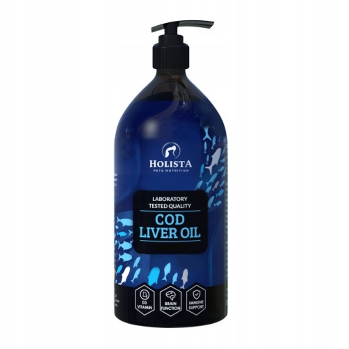Ulei de ficat de cod Holista, 1000ml, omega-3, vitamine A si D3, pentru caini si pisici
