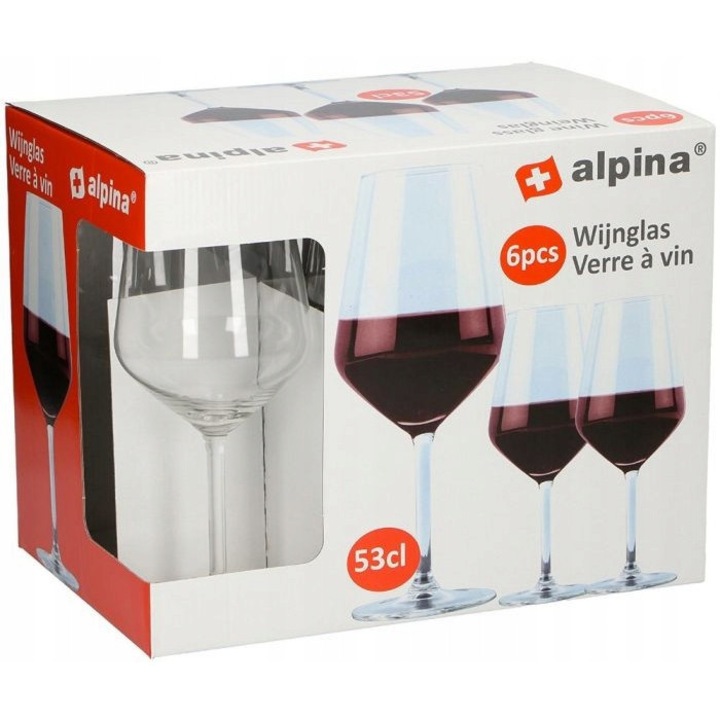 Комплект 6 чаши за червено вино ALPINA 53cl, елегантен дизайн, прозрачно стъкло, 8.3x9.5x12.7cm