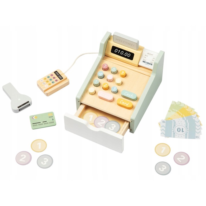 Set joaca supermarket, Tooky Toy, Casa de marcat din lemn, TP543