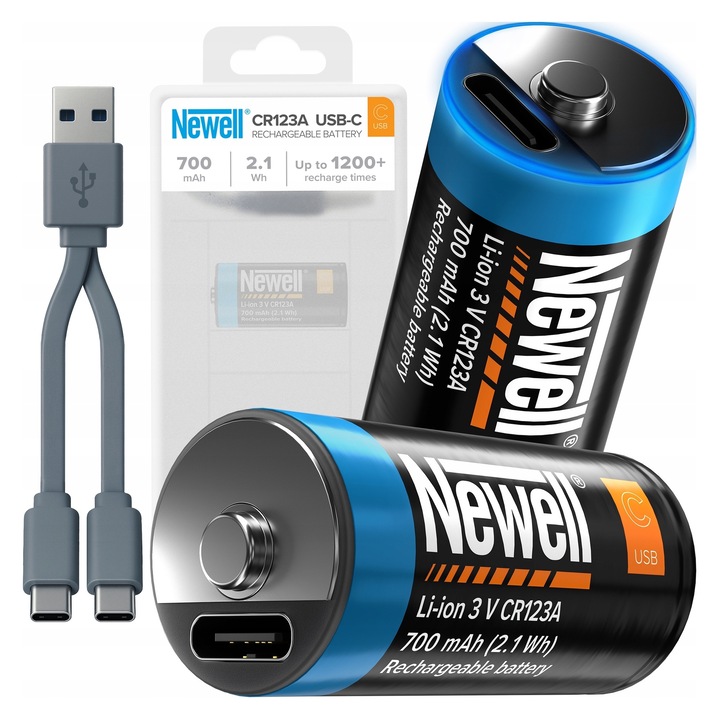 2 db Newell CR123A USB-C akkumulátor készlet, 700 mAh, USB-C port, LED jelzőfény