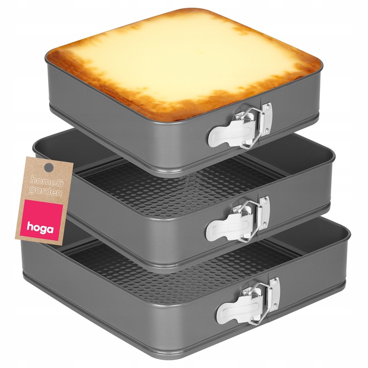 Set 3 tavi de copt patrate Hoga, 24x24cm, 26x26cm, 28x28cm, cu fund detasabil, non-stick