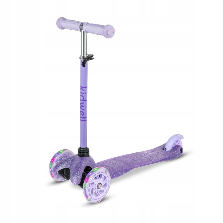 Тротинетка Kidwell UNO, 3 колела, Glitter Violet, с LED светлини, за деца 90-115 см, максимум 25 кг