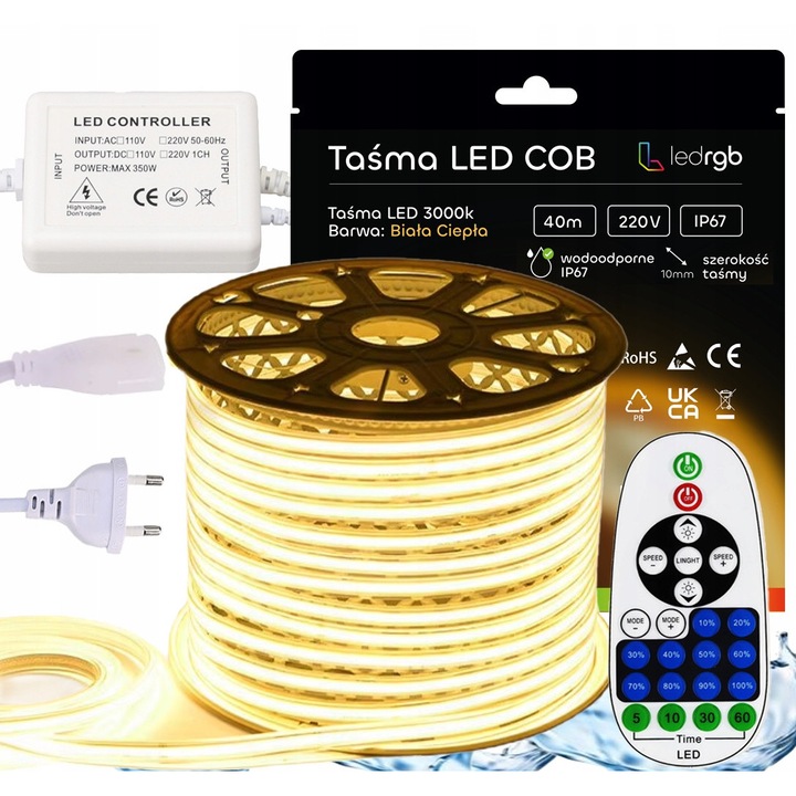 Комплект COB LED ленти 230V 40м 3000K топло бяло със захранване и IR контролер