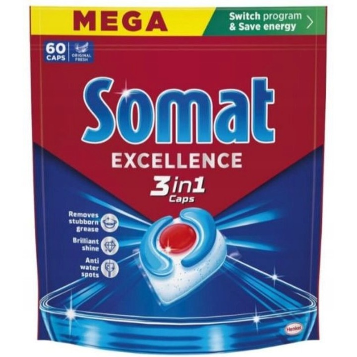Somat Excellence 3in1 mosogatógép kapszula, 60 kapszula, biológiailag lebomló, kíméletes edényvédelem, hatékony tisztítás