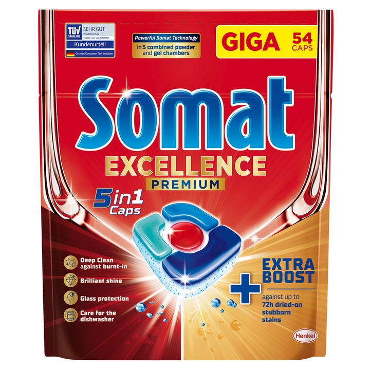 Mosogatógép kapszula szett Somat Excellence 5in1 54 kapszula, mélytisztítás, üvegvédelem, többszínű