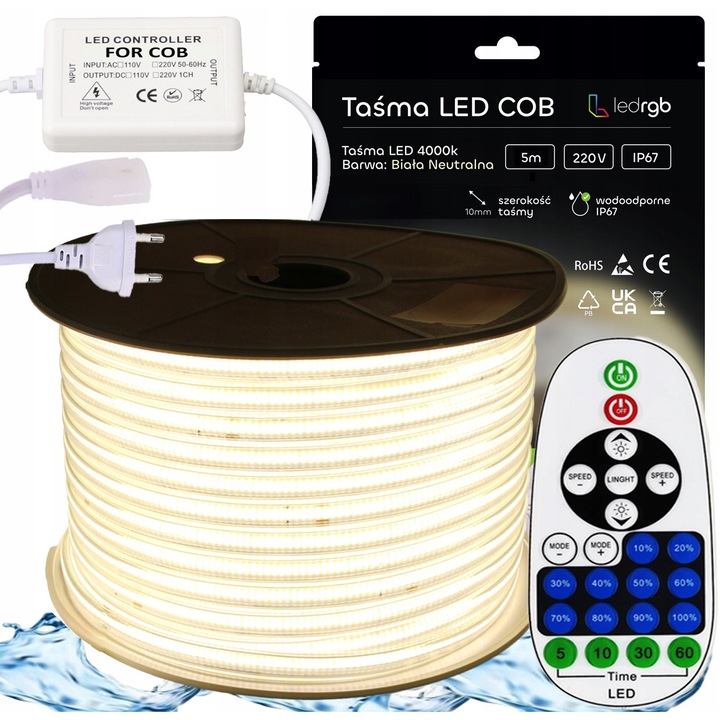 Set benzi LED COB 5m 4000K alb neutru cu dimmer si telecomanda IR