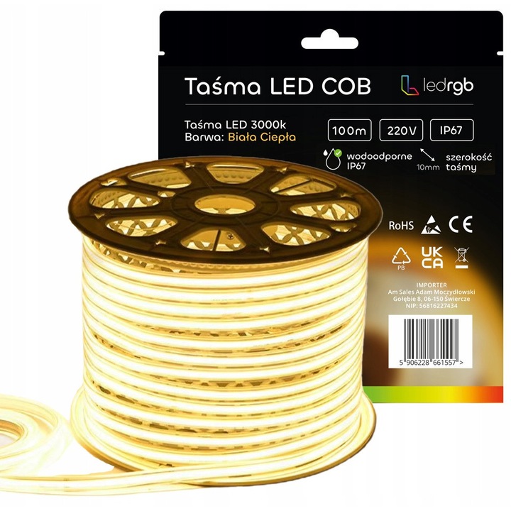 LED Neon COB szalag 220/230V 100m 3000K meleg fehér vízálló IP67 10mm