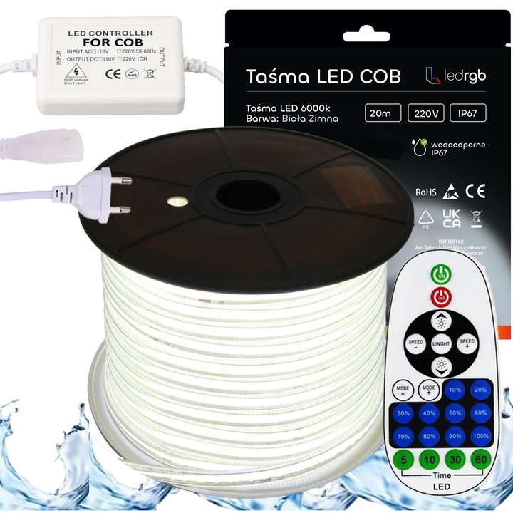 Комплект LED COB лента 230V 20м 6000K студено бяло със захранване и IR дистанционно управление ledrgb