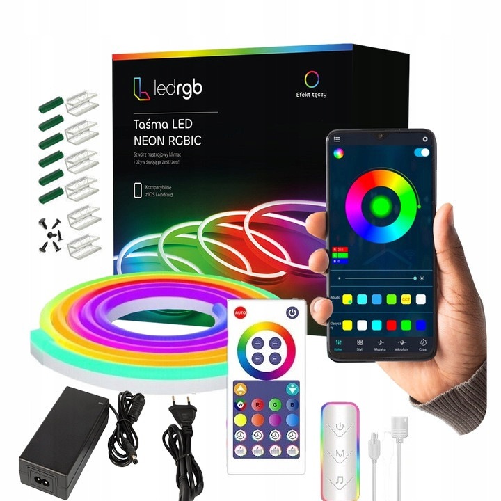 Banda LED Neon RGBIC 10m, ledrgb, efect curcubeu, Bluetooth, set complet