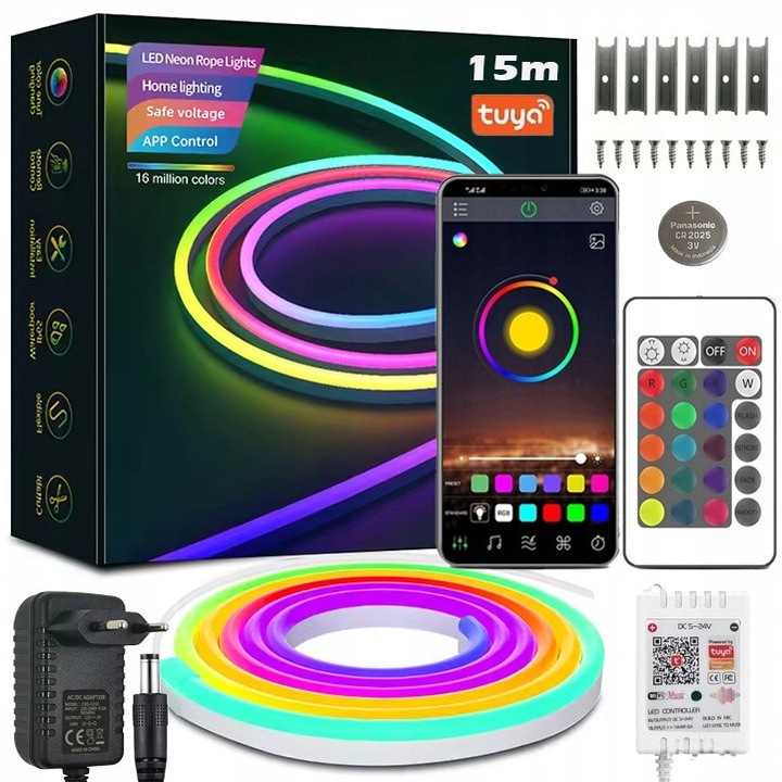 LED неон лента 15м RGB, ledrgb, WiFi Tuya приложение, водоустойчива IP67, пълен комплект