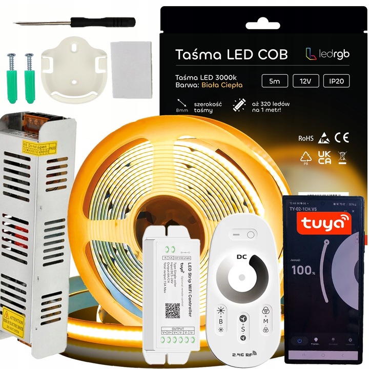 Set Benzi LED COB 12V 5m 3000K Alb Cald, Zasilacz 60W, Controler WiFi, Pilot RF