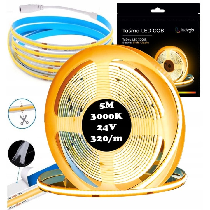 Banda LED Neon COB 24V 5m 320 diodi alb cald 3000K, latime 8mm, montaj usor