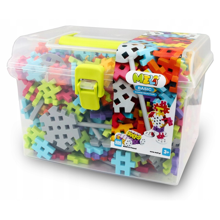 Set de constructie Meli Constructor Travel Box 500 elemente, 13x16x19cm, pentru 3+ ani