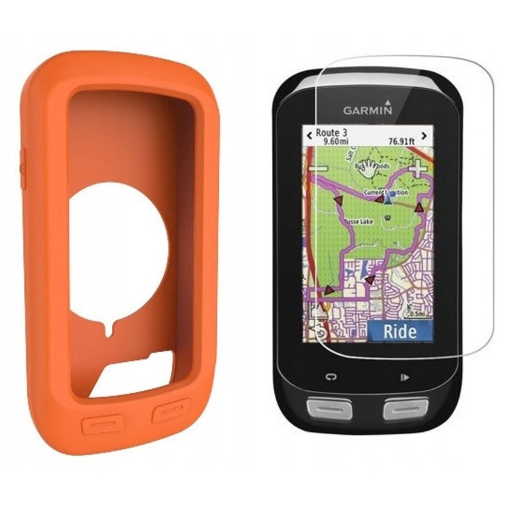 Силиконов калъф + Закалено стъкло за Garmin GPS EDGE 1000, оранжев, комплект