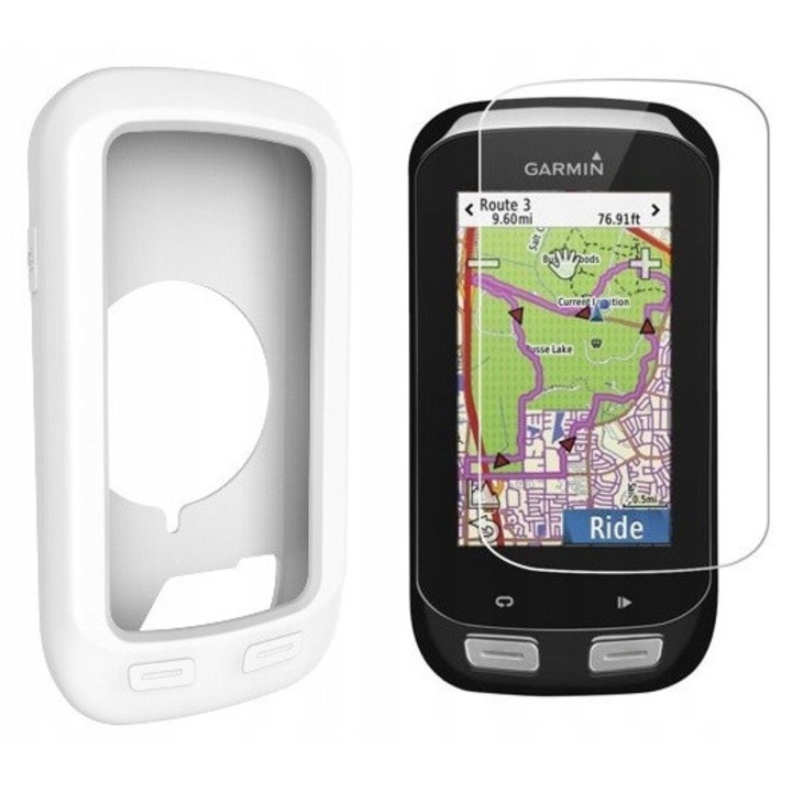 Силиконов калъф за Garmin GPS EDGE 1000 + Закалено стъкло 9H, бял, комплект