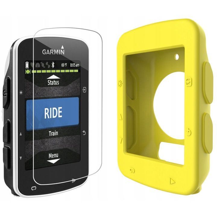 Силиконов калъф + Закалено стъкло за Garmin GPS EDGE 520, Жълт, Комплект