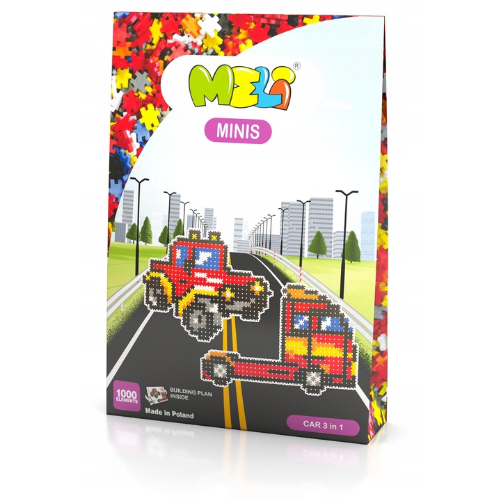 Seturi de constructie Meli Klocki Minis Car 3in1, 1000 piese, 1,5x1,5cm, multicolor, 3+ ani