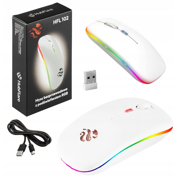 HubFlare vezeték nélküli egér, LED RGB, 1600dpi, fehér, 11x6x2.5cm, USB vevővel és USB-C töltőkábellel