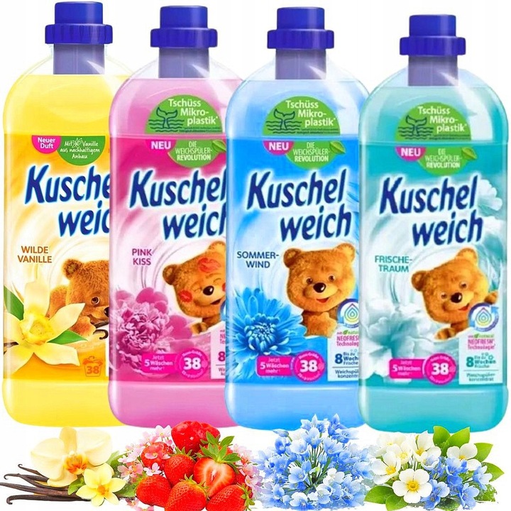 Омекотител Kuschelweich, комплект 4x1L, Sommerwind, Frischtraum, Pink Kiss, Wilde Vanille, многоцветен