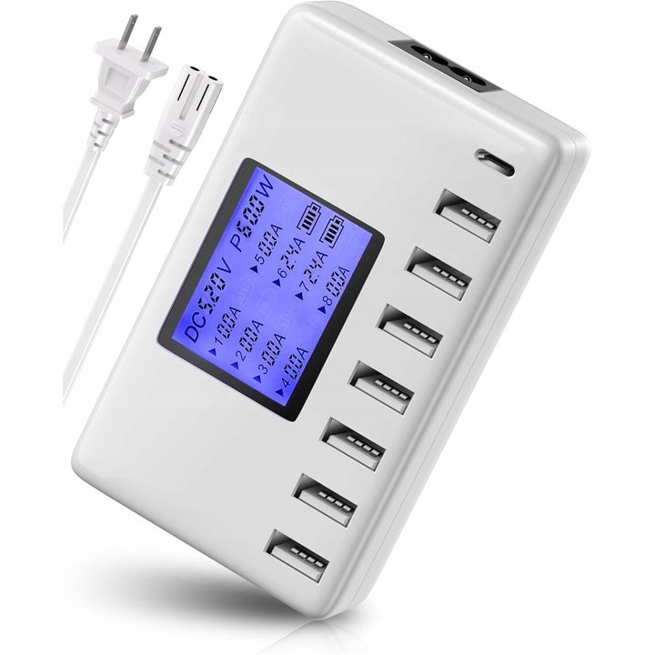 USB зарядна станция, 8 порта, 60W, бяла, компактна