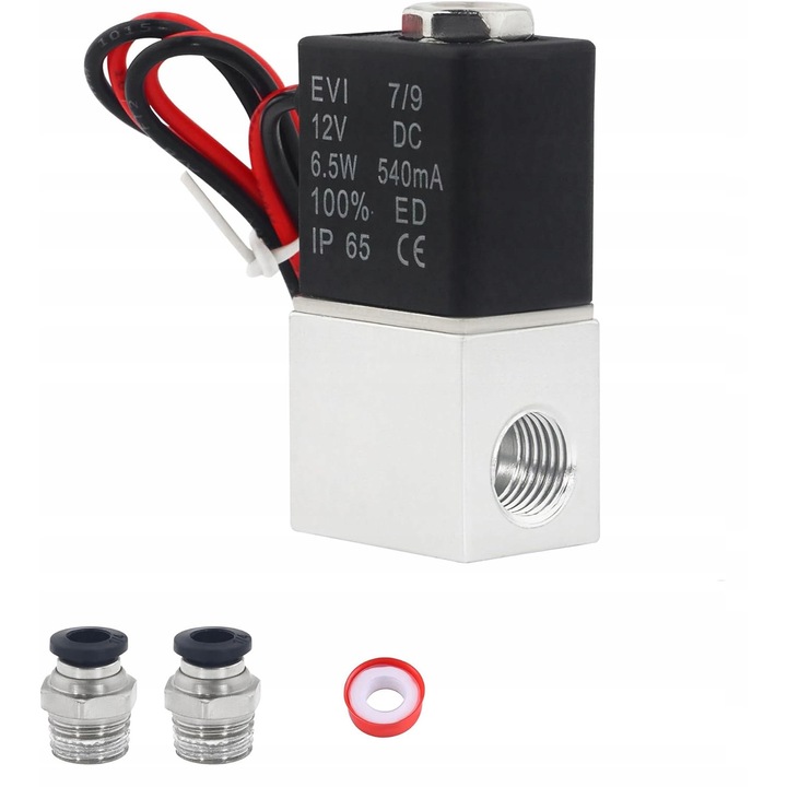 Electrovalva 12V, 1/4", 2 cai, din aluminiu si otel inoxidabil, pentru apa si aer, set complet