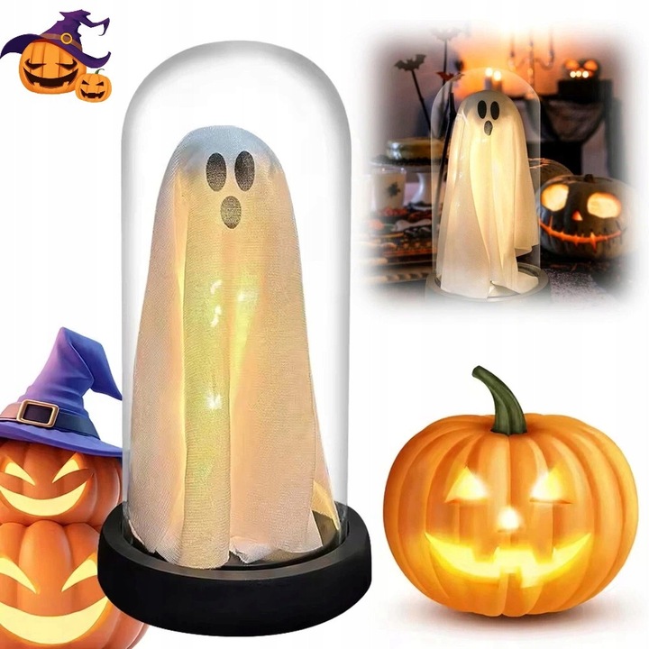 Decoratiune Halloween, lampa LED cu fantoma in cupola de sticla, fundal negru, accesorii pentru petrecere