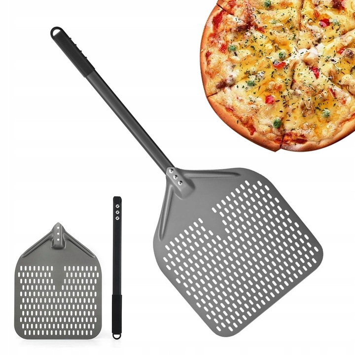 Lopata de pizza perforata, ZREE, aluminiu, 12 inch, usor de curatat, antiaderent, 30x38x72 cm