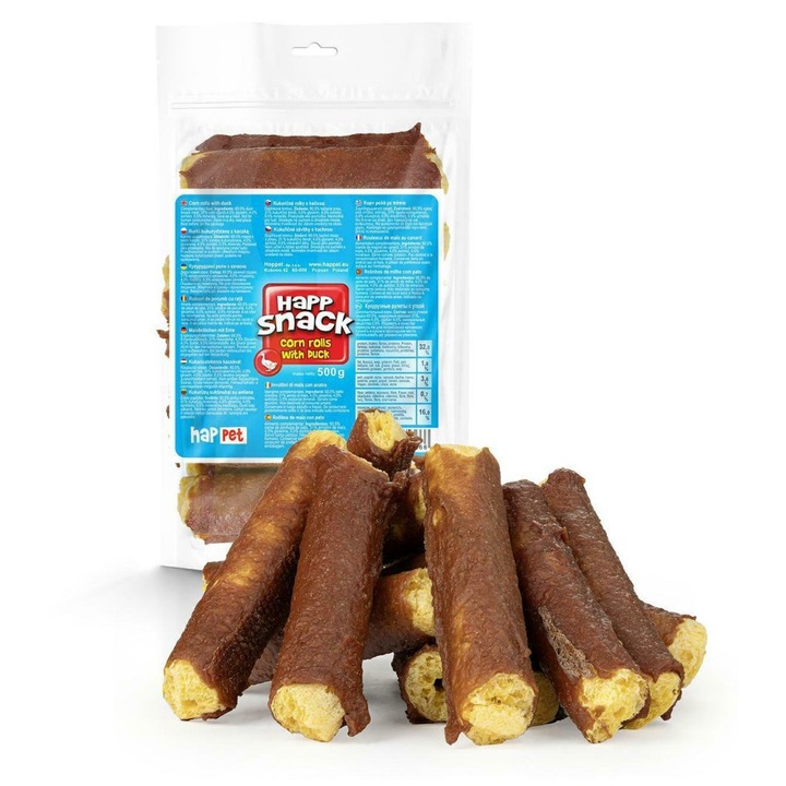 Biscuiti pentru caini, Happet, cu rata, 500 g, culoare brun-aurie