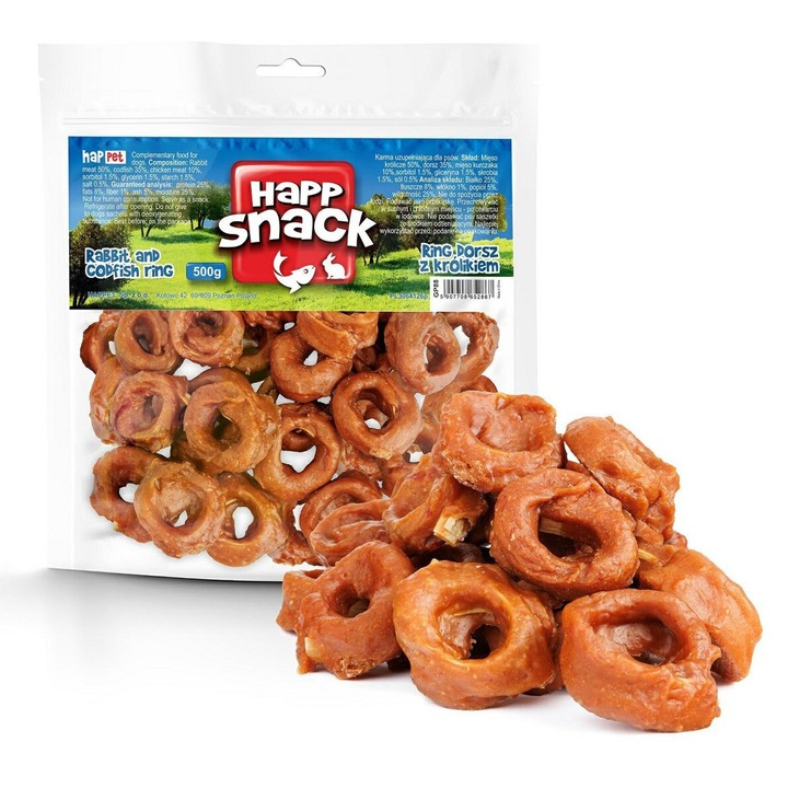 Biscuiti pentru caini Happet, inele cu peste si carne de iepure, 500 g, bogat in proteine, fara coloranti artificiali