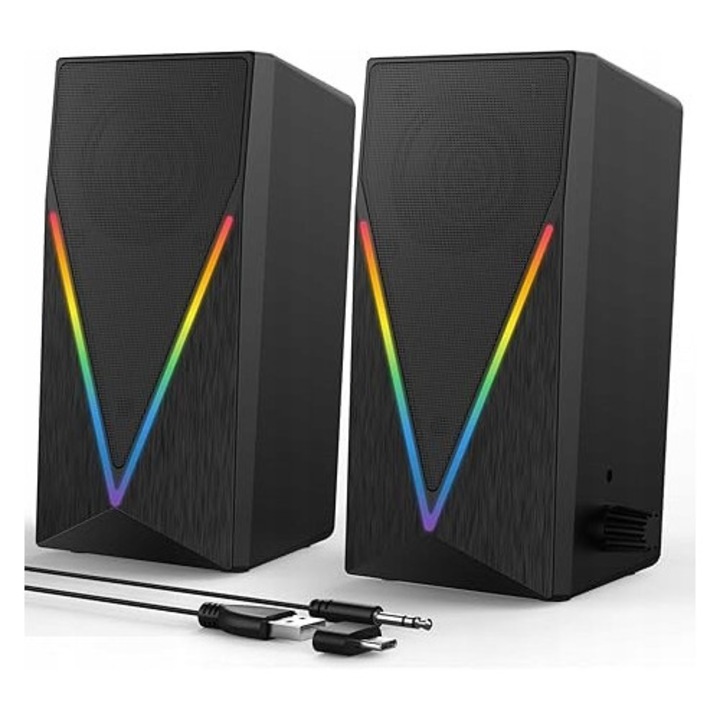 E-1062 PC hangszórók, 2.0 csatornás, RGB, USB, 3,5 mm AUX, 6 világítási mód