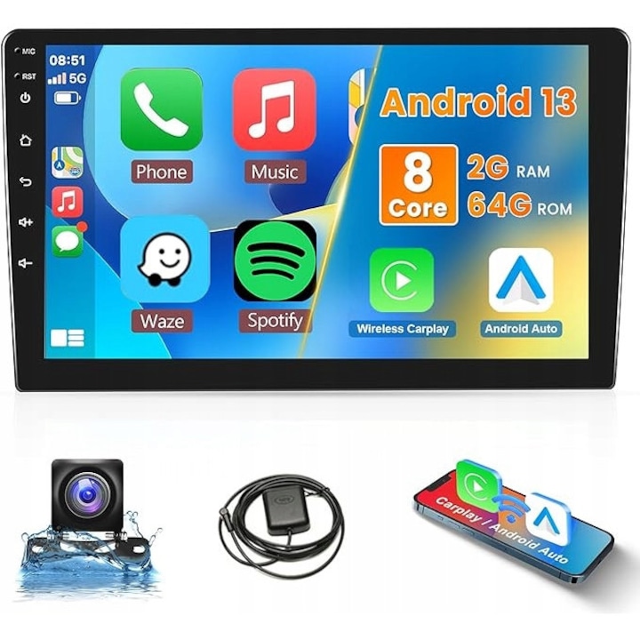 Radio auto 2DIN 9", 2GB RAM, 64GB ROM, Bluetooth, DAB+, multicolor