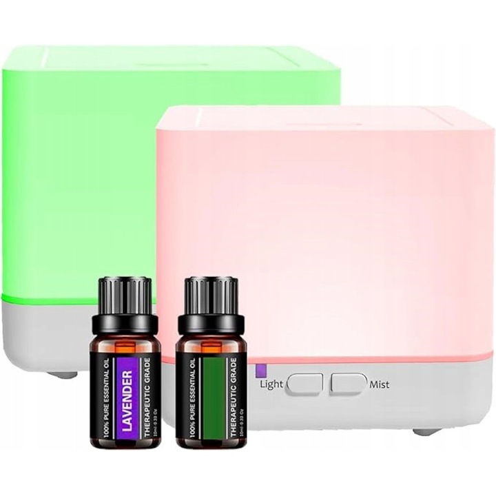 Set difuzor aromaterapie 300ml cu lumina LED si uleiuri esentiale, multicolor, supercaiet, 2 bucati