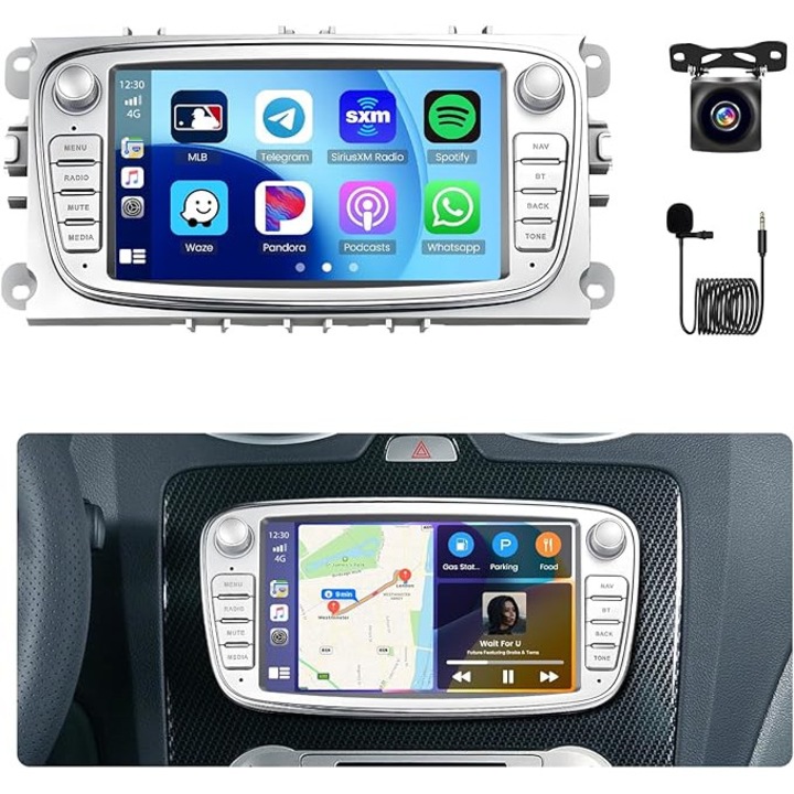 Radio auto 7 inch cu camera de marsarier pentru Kuga, C-Max, S-Max, Mondeo, Bluetooth 5.0, argintiu
