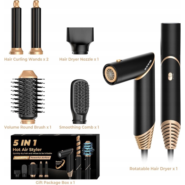 Set de stilizare par 5 in 1, uscare rapida, 1000 W, tehnologie ionica, negru/auriu