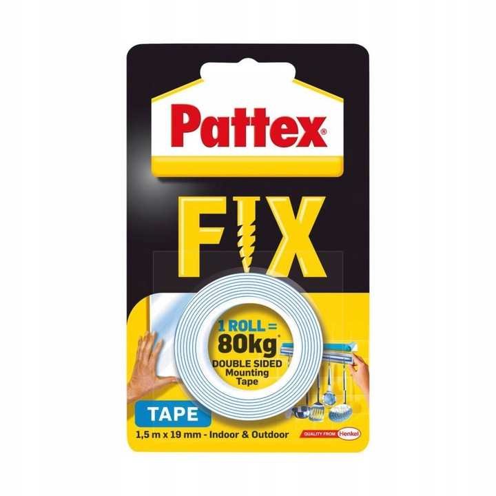 Banda dublu adeziva Pattex Fix, 1,5m x 19mm, rezistenta la apa, suporta pana la 80kg, set 3 bucati