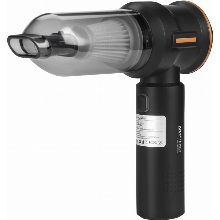 Kraft&Dele autós porszívó, hordozható 3in1 vezeték nélküli, 100W, 6000 mAh akkumulátor, HEPA szűrő, USB-C töltés, 0,2L kapacitás, Fekete