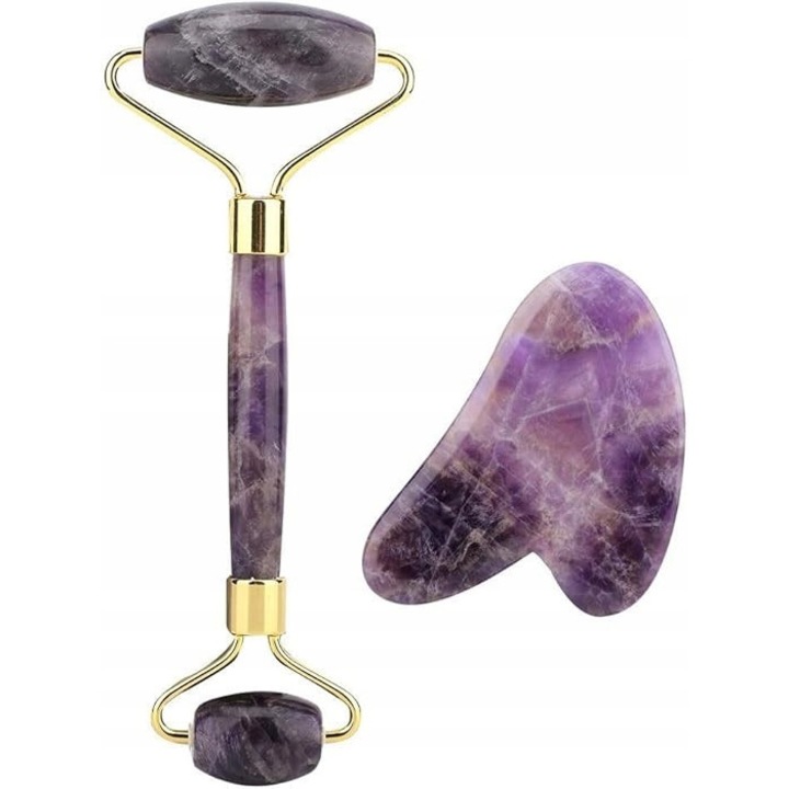 Set masaj facial Roller + Gua Sha, antistres, reducere cearcane, multicolor