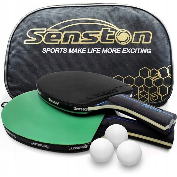 Set palete tenis de masa Senston, 2 rachete, 3 bile, negru/verde