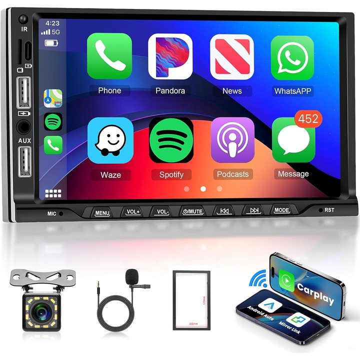 Radio auto 2DIN universal, Android, CarPlay, 7 inch, cu pilot, camera, USB, AUX