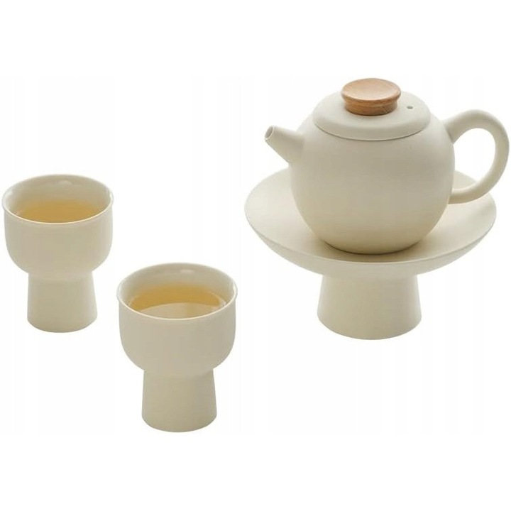 Set ceramic pentru prepararea ceaiului, 4 piese, design crem, mini, pentru 2 persoane