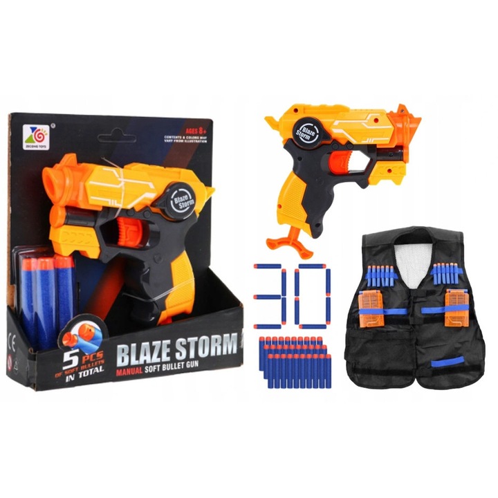 Пистолет за игра Blaze Storm, комплект с 35 стрелички, син цвят, размери на пистолета 15,5x14см, включва тактическа жилетка, черно/оранжево