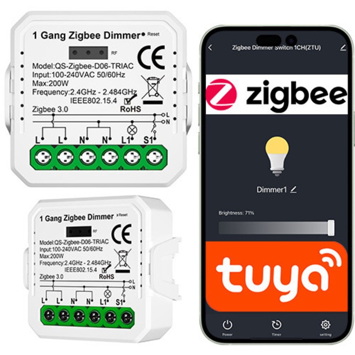 Dimmer Zigbee 1 canal Sone, control wireless, 200W, 39x39x18mm, compatibil cu aplicatiile Tuya si Smart Life