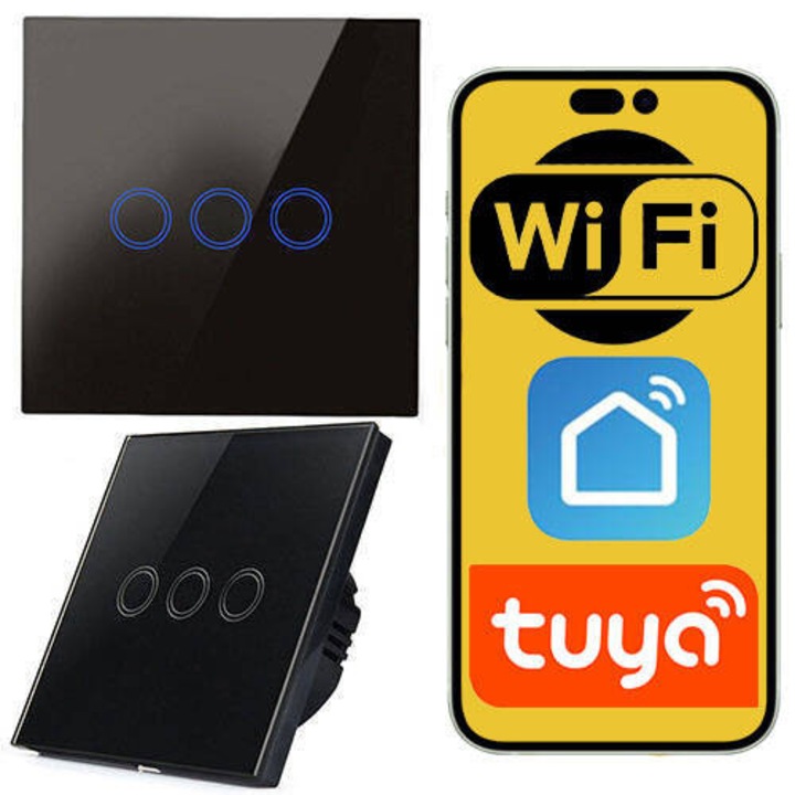 WiFi érintőkapcsoló, Sone, 3 csatornás, edzett üveg, fekete, 86x86x36mm