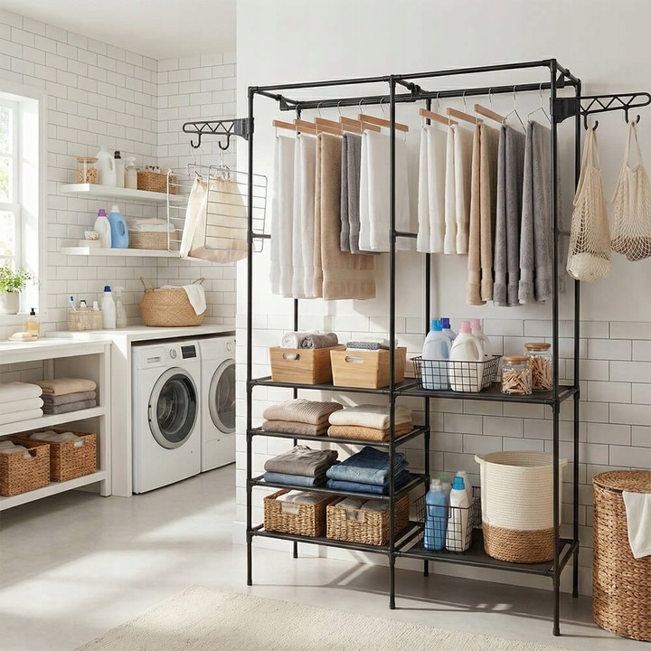 Garderoba XXL, organizator cu 2 rafturi, 2 bare pentru umerase, negru, 170x108x36cm