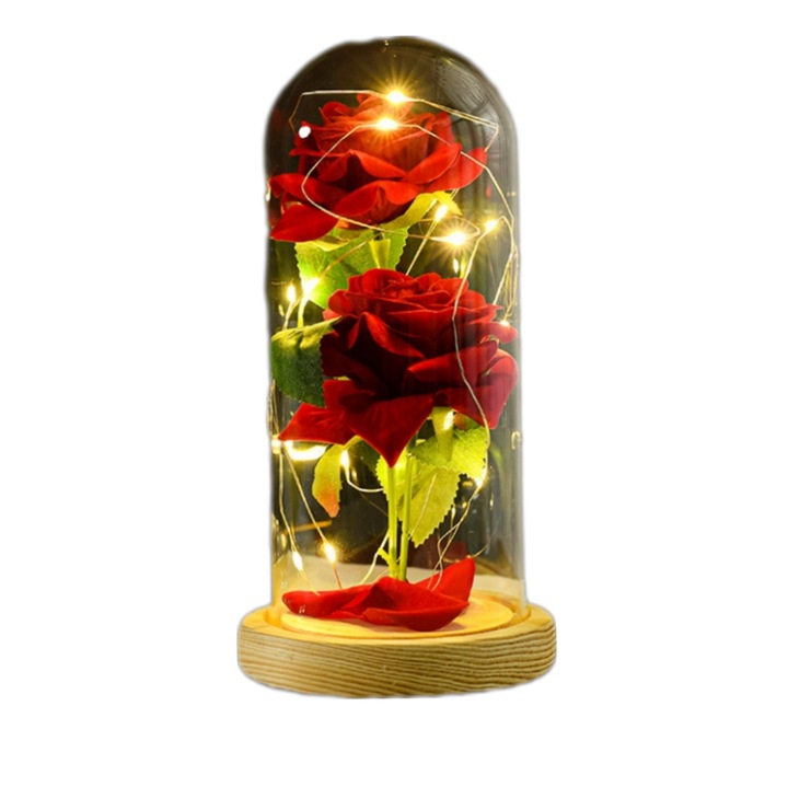 Roza eterna in sticla cu LED, decoratiune eleganta, multicolor, 20x20cm