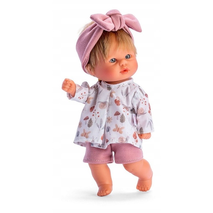 Bomboncin babaszett 20 cm, Asi, fehér blúz, rózsaszín rövidnadrág, rózsaszín fejpánt masnival