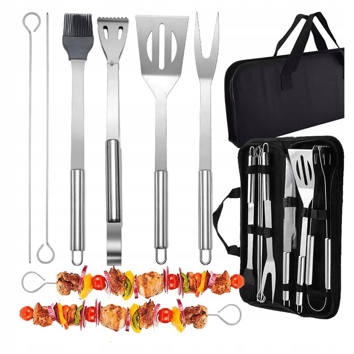 Set ustensile gratar 10w1, inox, etui, accesorii pentru BBQ